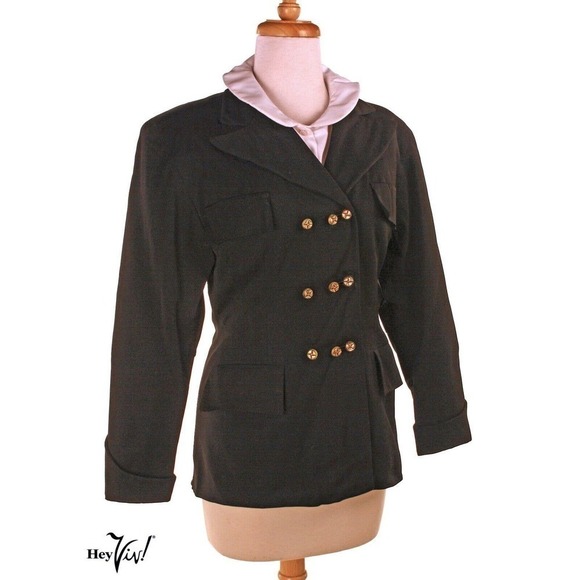 Vintage 40s Fitted Black Jacket Triple Button Rows Padded Shoulder S/M - Hey Viv - Picture 1 of 8